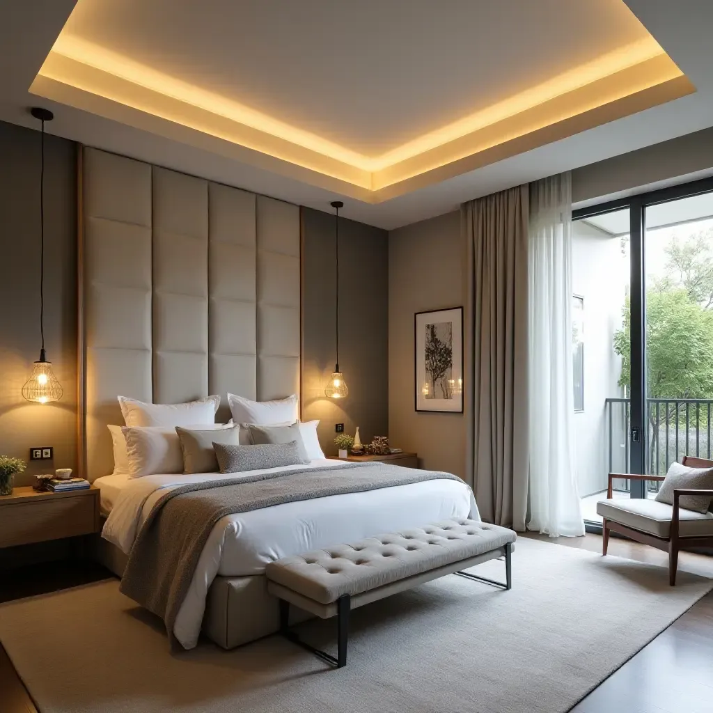 a photo of a stylish master bedroom with a unique ceiling design and pendant lights