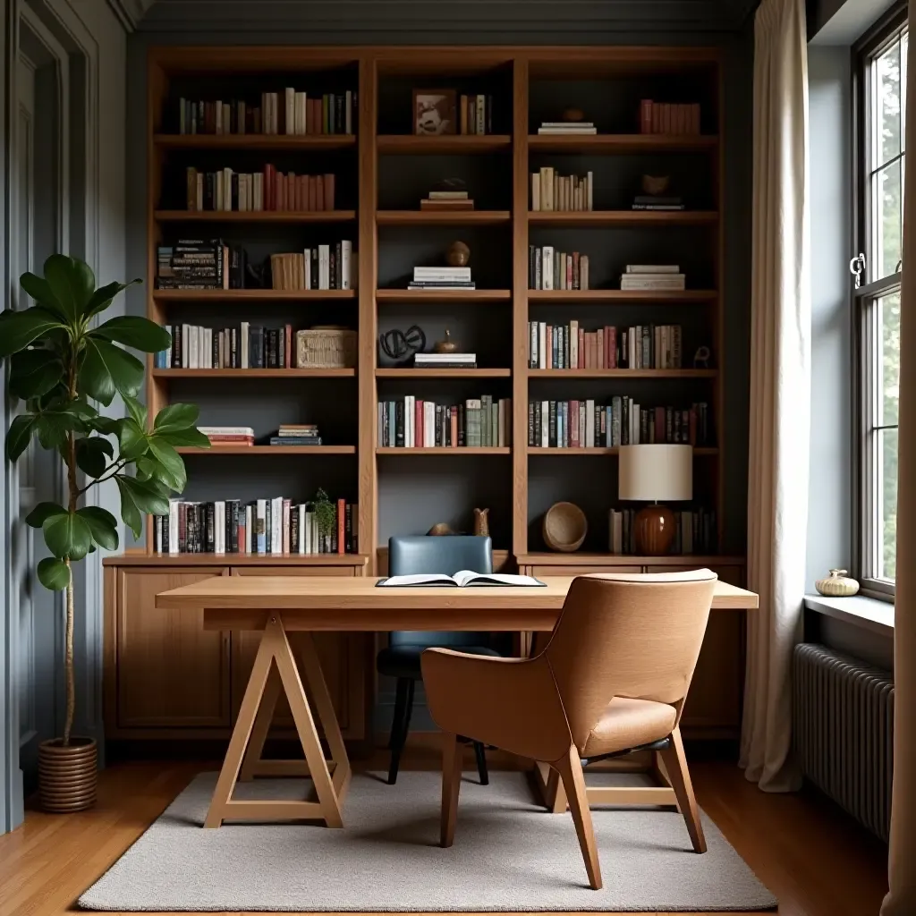 a photo of a home library with a rustic wooden desk and comfortable chair