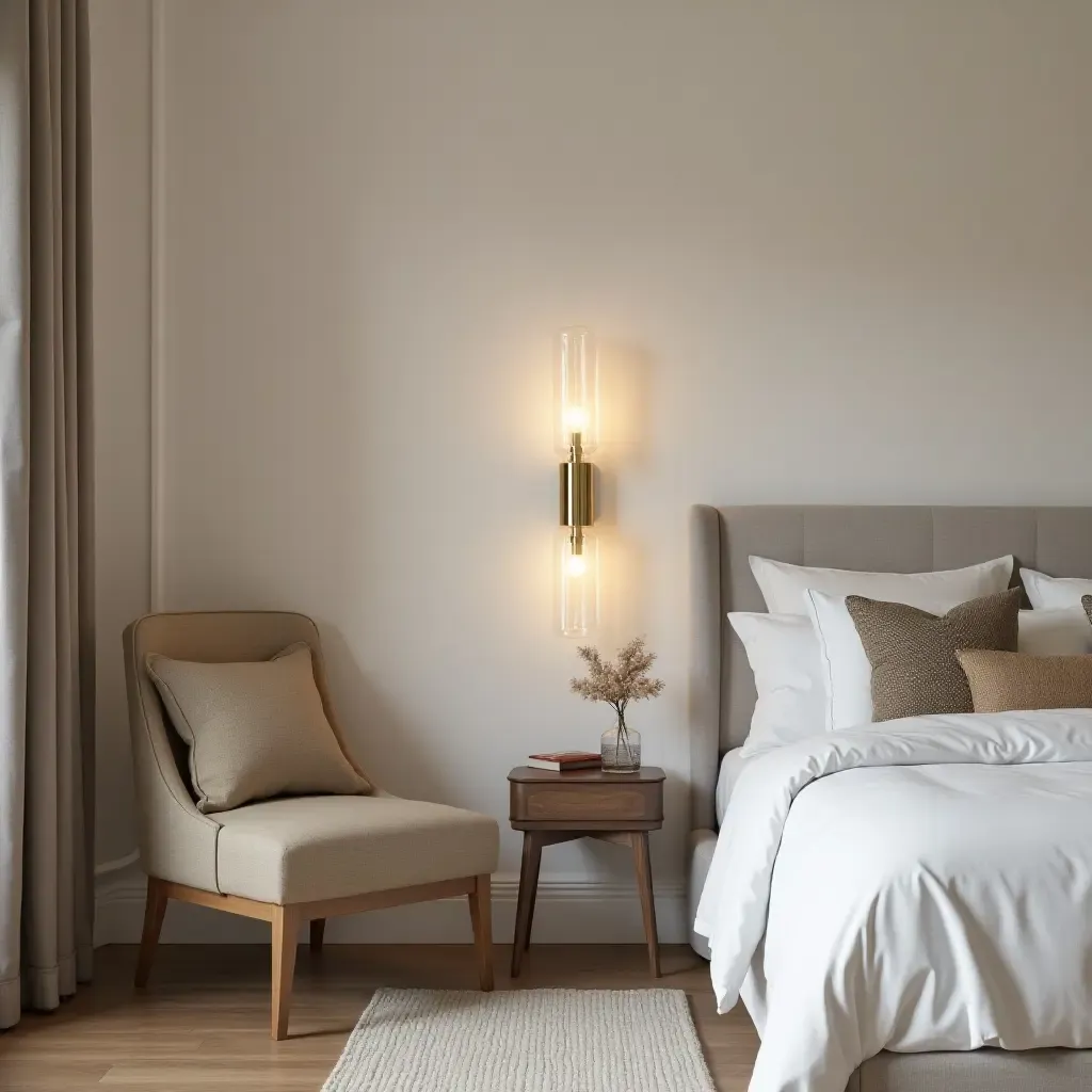 a photo of a chic bedroom with metallic wall sconces