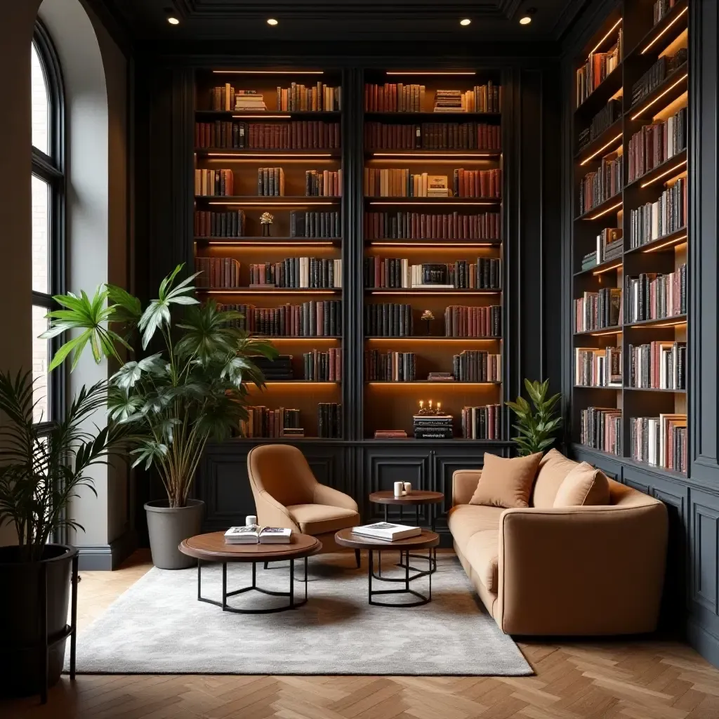 a photo of a library with a chic design and organized book collections