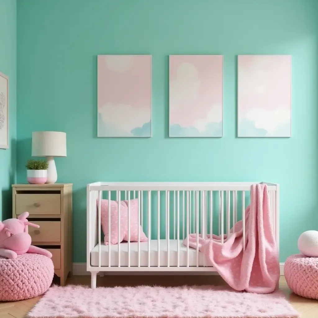 a photo of a nursery with playful turquoise and bright pink