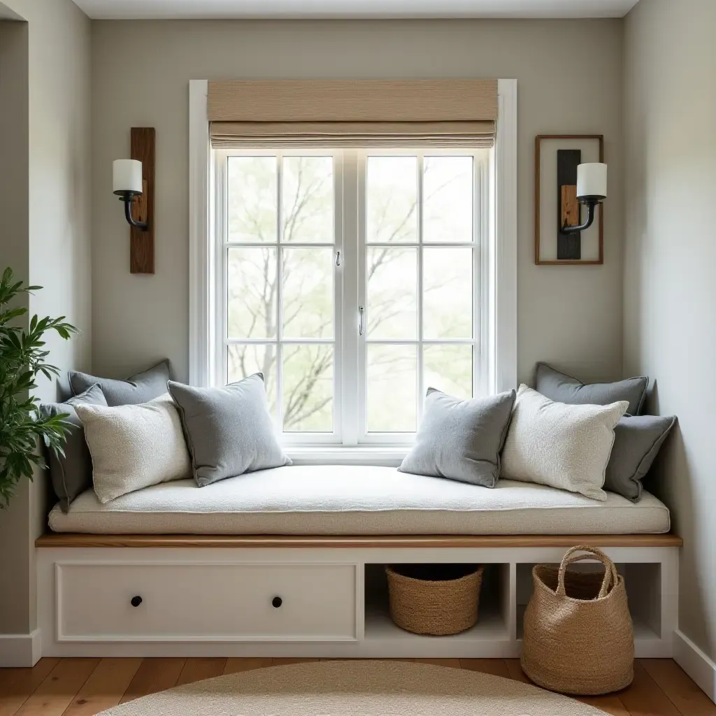 a photo of a cozy reading nook with a storage bench