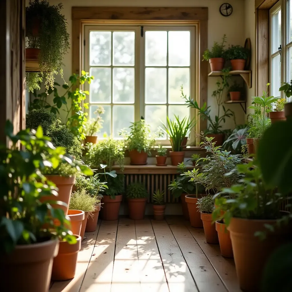 a photo of a sunlit nursery with potted plants and rustic decor