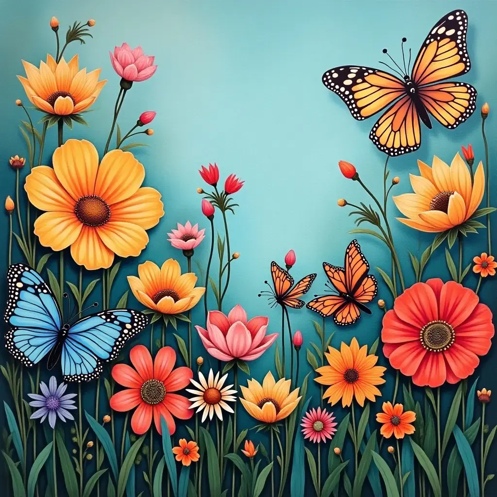 a photo of a vibrant mural garden wall with butterflies and flowers