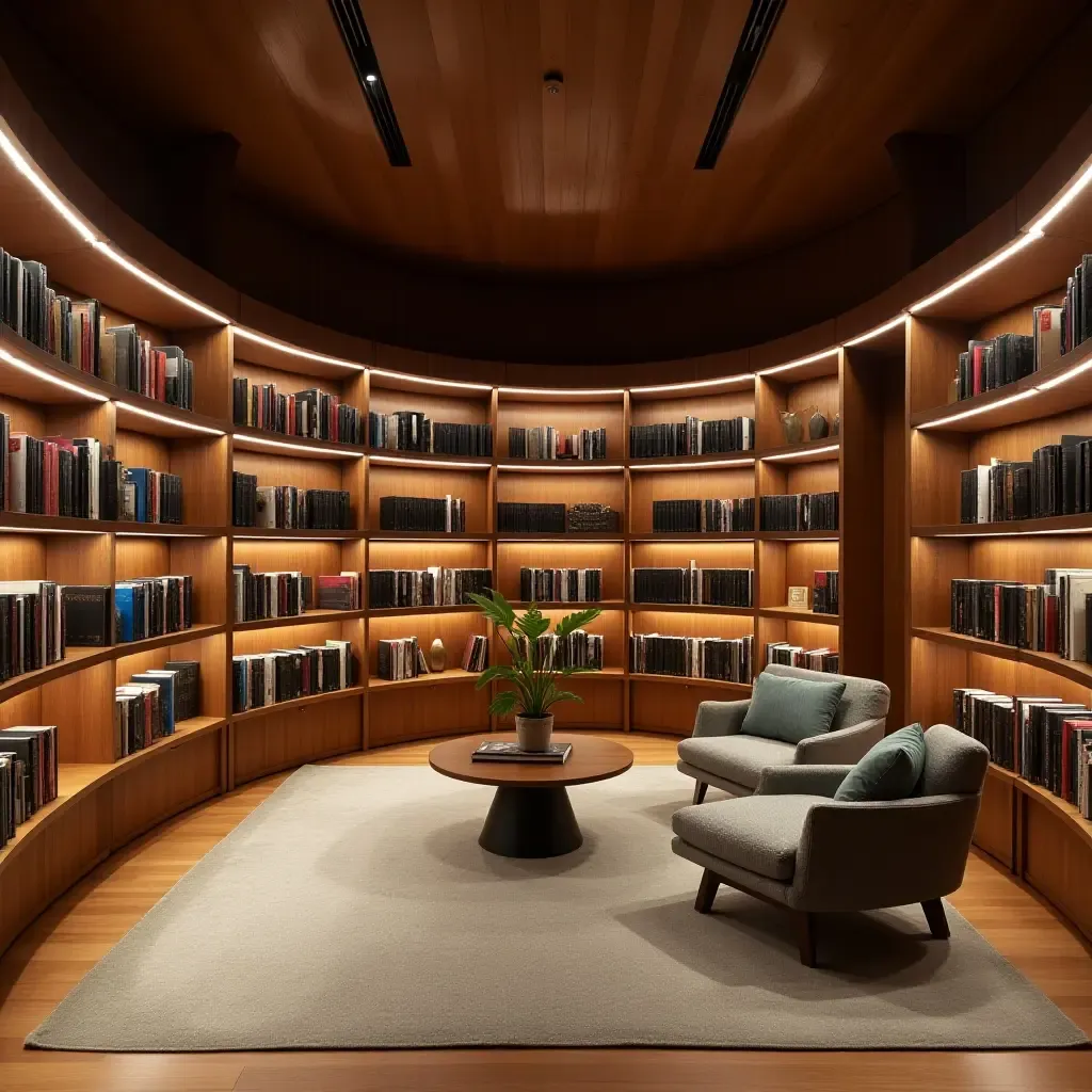 a photo of a library featuring a circular bookshelf design for a unique look