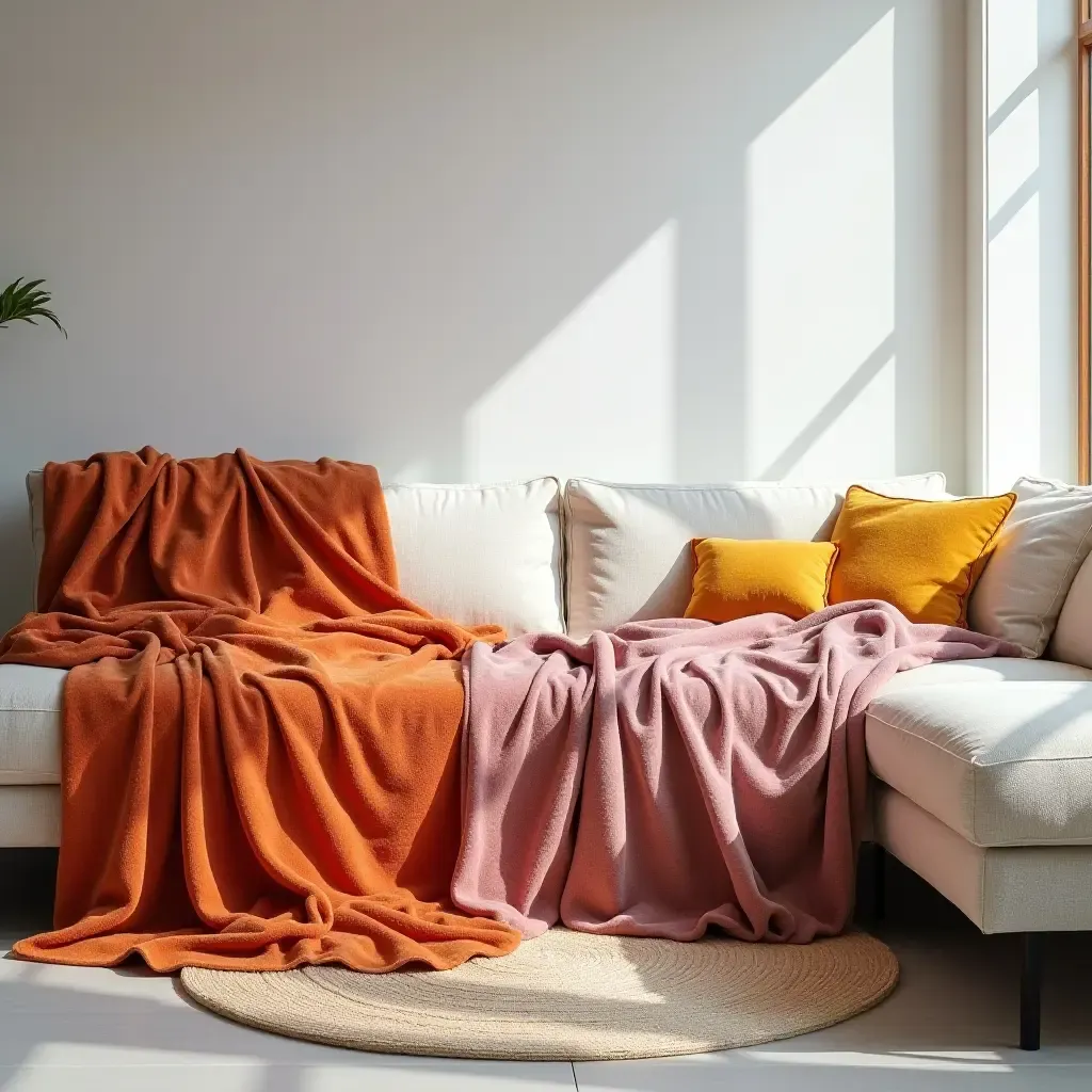 a photo of a bright space with colorful throw blankets and cushions