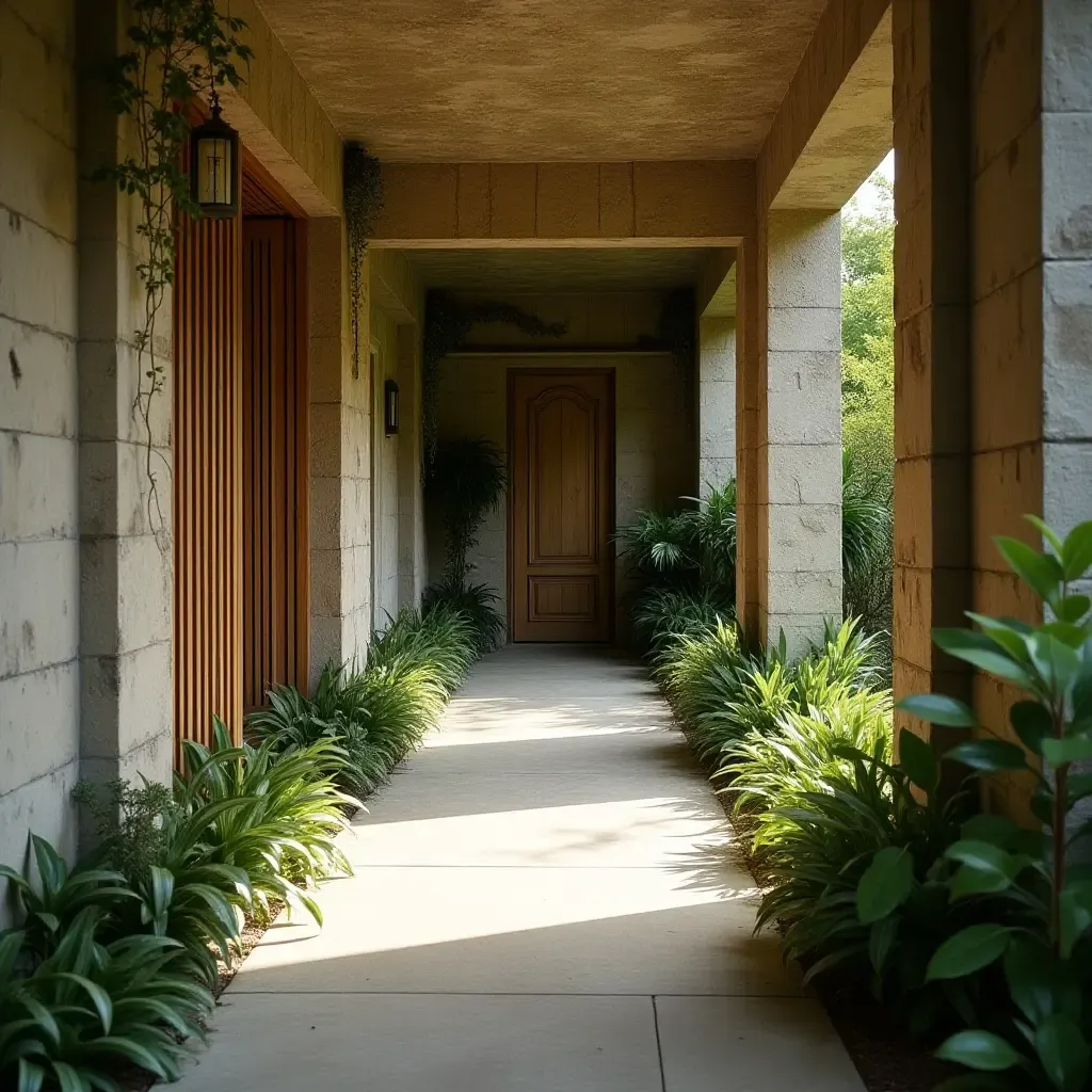 a photo of a corridor with a mix of textures and greenery