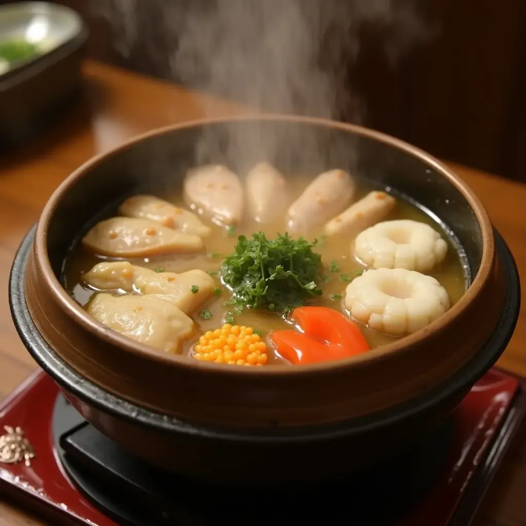 a photo of a cozy chanko-nabe hot pot with chicken, fish cakes, and vegetables.