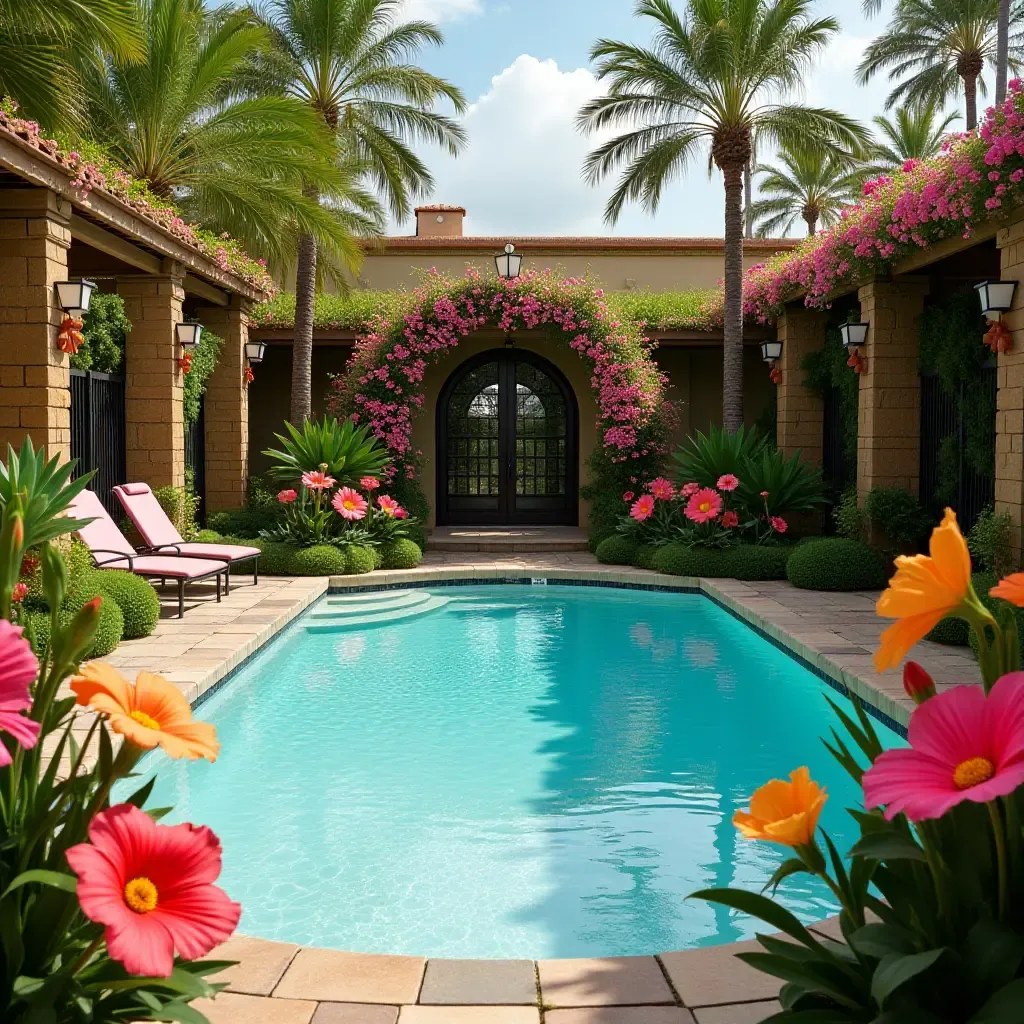 a photo of a pool area adorned with colorful, oversized flowers