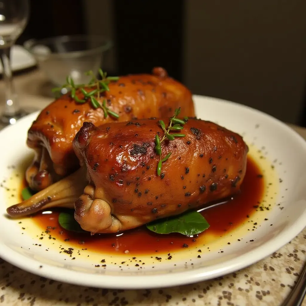 a photo of a plate of Leitão à Bairrada, crispy roasted suckling pig with golden skin.