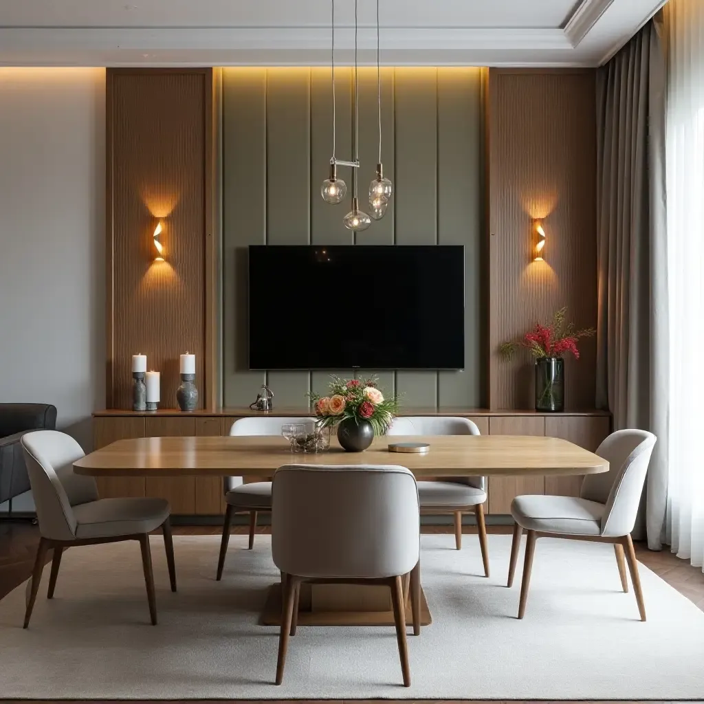 a photo of a chic dining room with a TV incorporated into a decorative partition