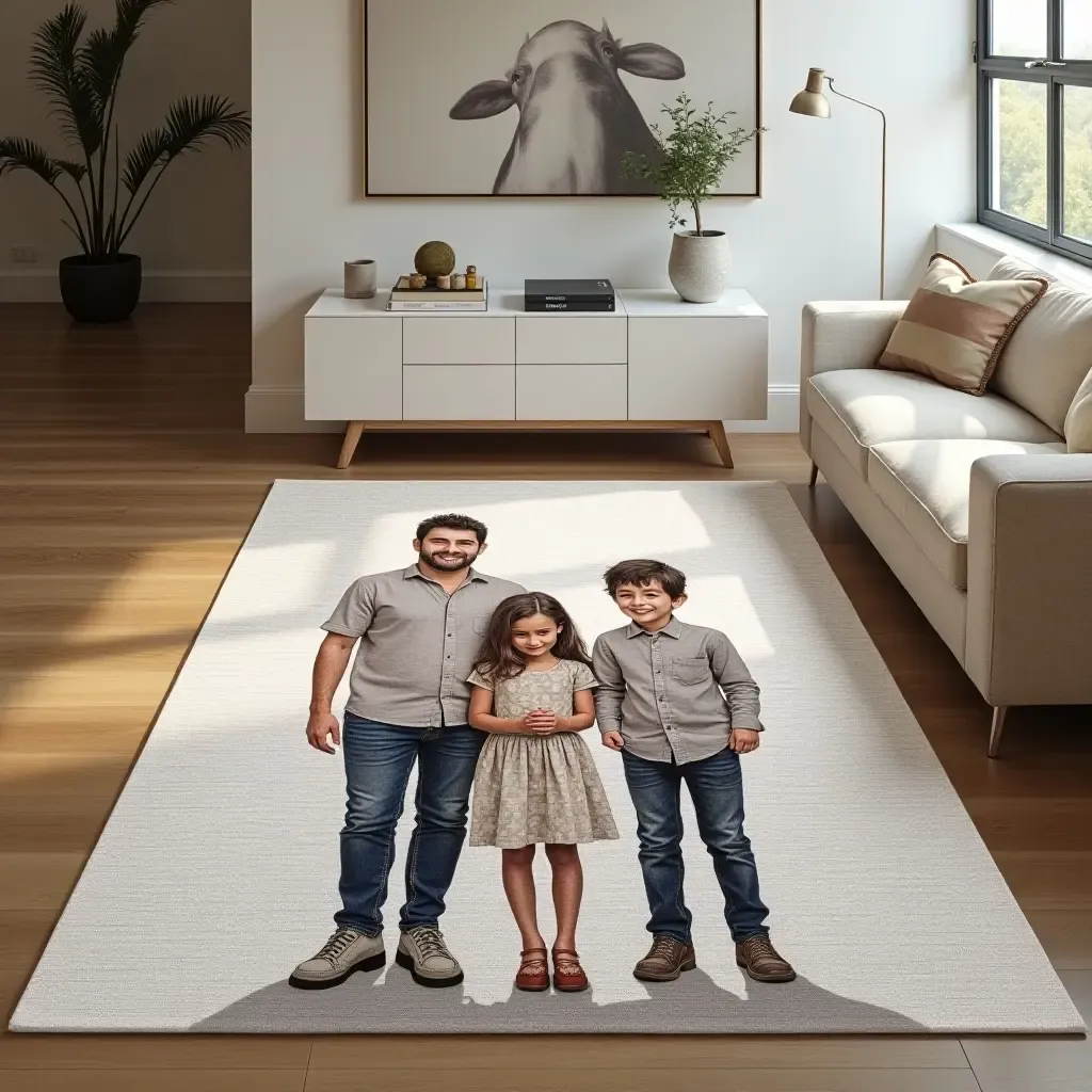 a photo of a custom-made rug featuring a family portrait in a personal space