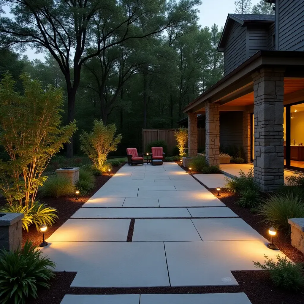 a photo of an eco-friendly concrete patio featuring solar lights and native plants