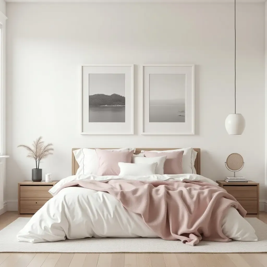 a photo of a Scandinavian bedroom with a soft, inviting color scheme and artwork