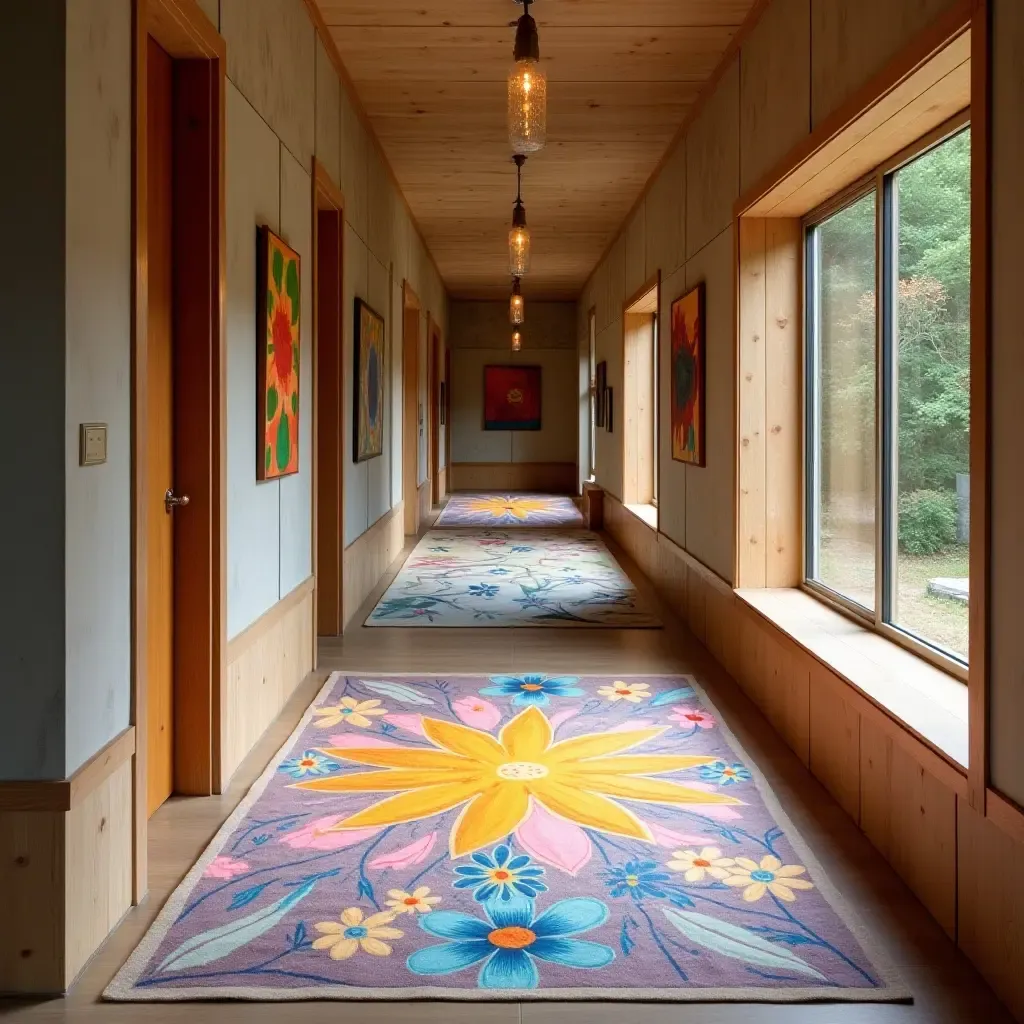 a photo of an artistic, hand-painted rug in a creative hallway