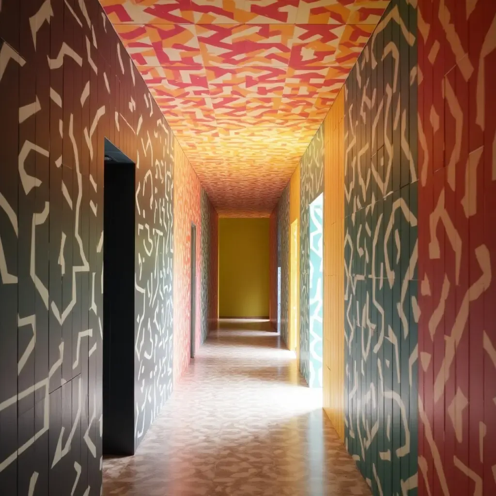 a photo of a hallway with a colorful, patterned ceiling