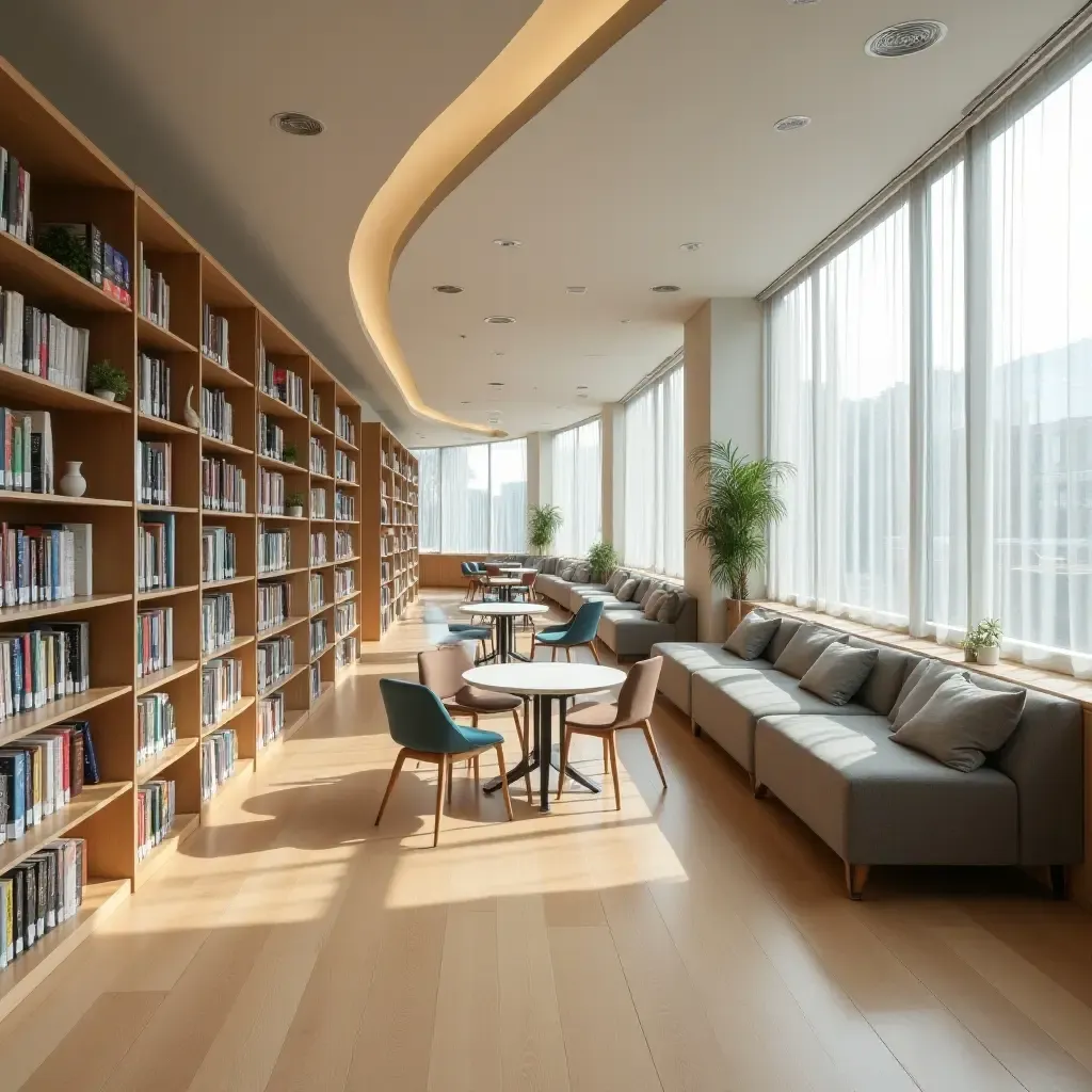 a photo of a library featuring movable furniture for flexible spaces