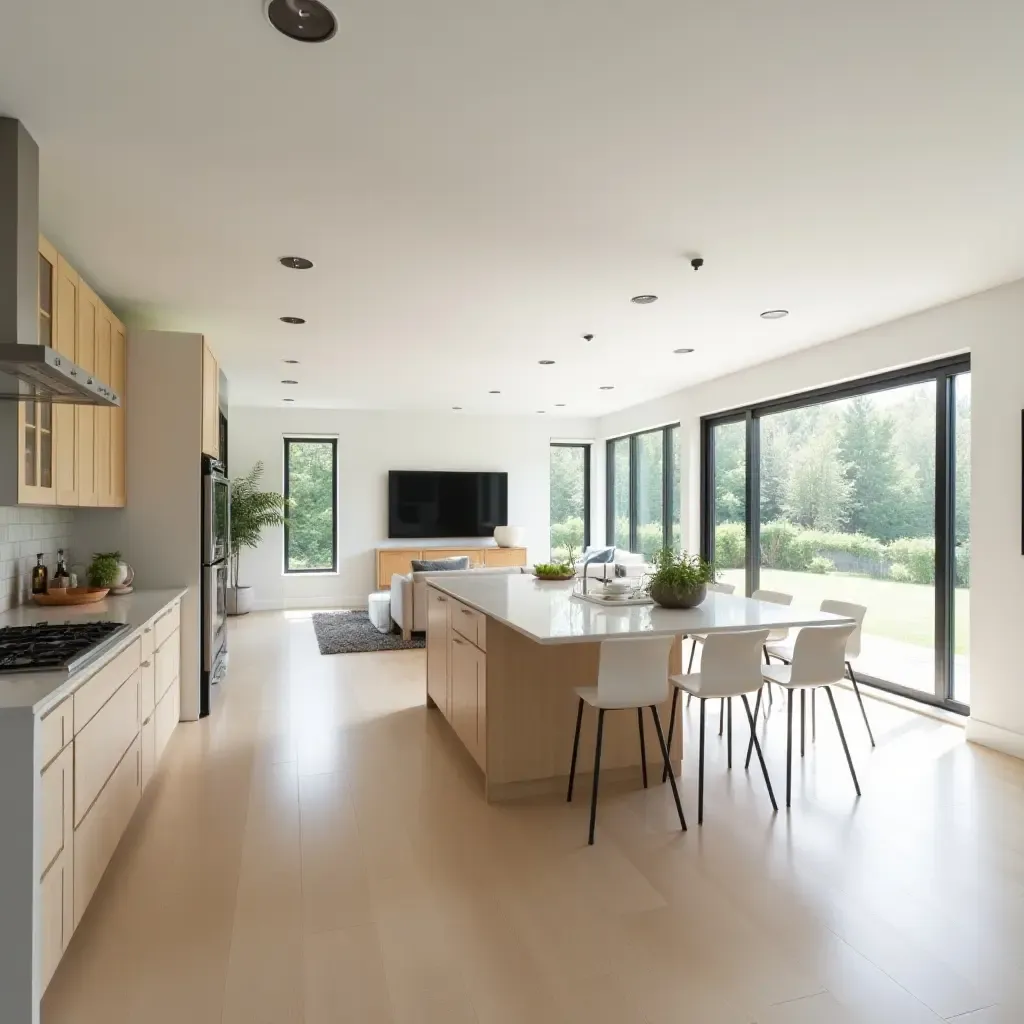 a photo of an airy kitchen with a seamless transition to the living area