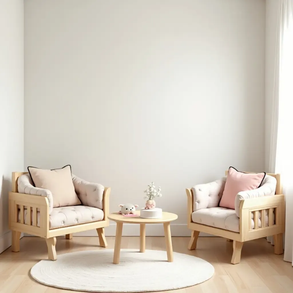 a photo of a serene kids&#x27; bedroom with wooden furniture and pastel colors