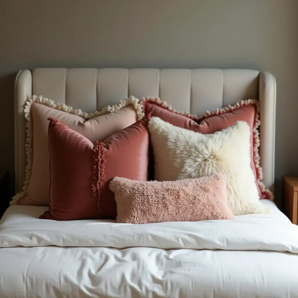 a photo of plush throw pillows in rich fabrics on a bed