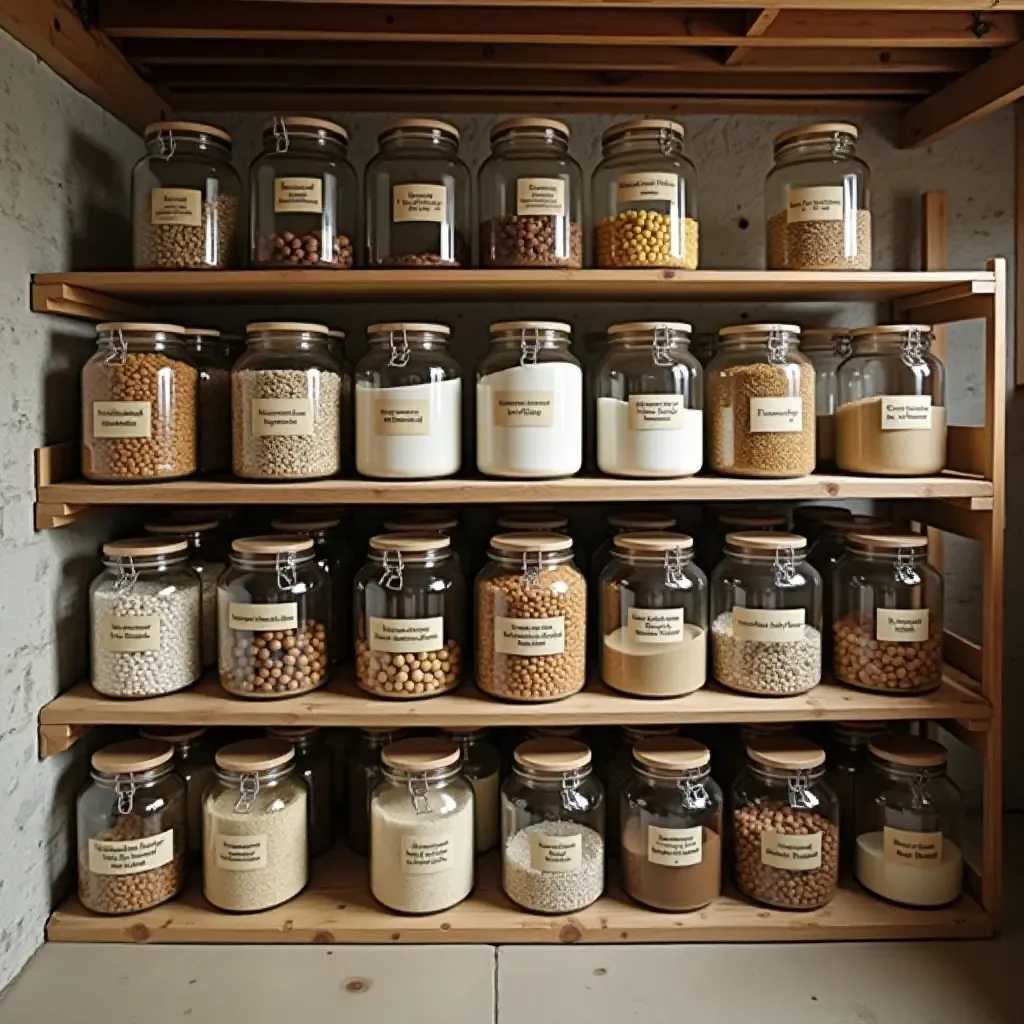 a photo of a basement with labeled jars for easy access storage