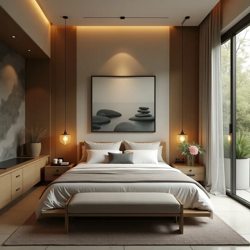 a photo of a serene bedroom with a water feature and zen decor