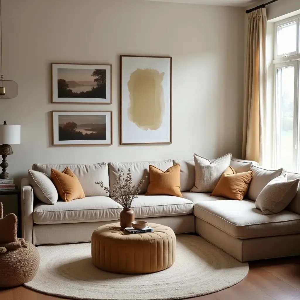 a photo of a cozy farmhouse living room with layered textiles and warm colors