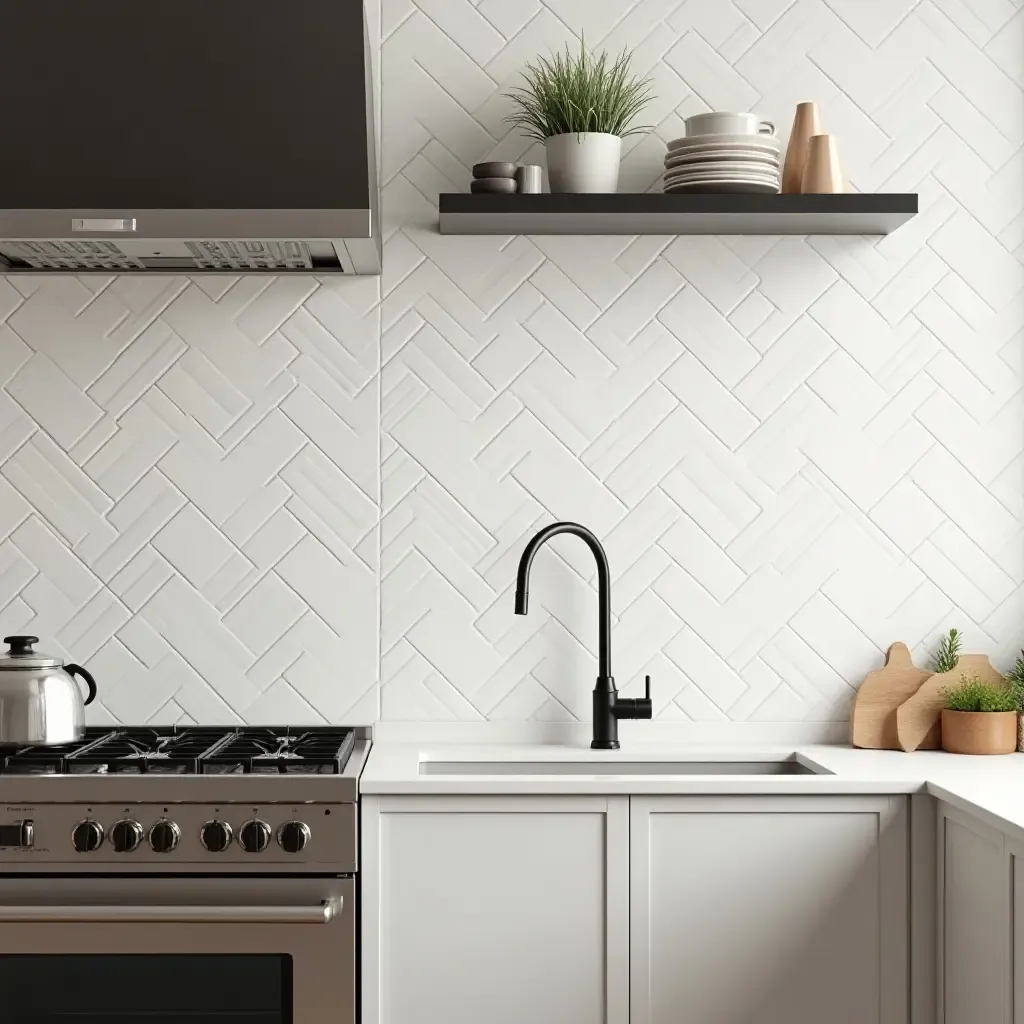 a photo of a chic subway tile backsplash with a herringbone pattern in an urban kitchen