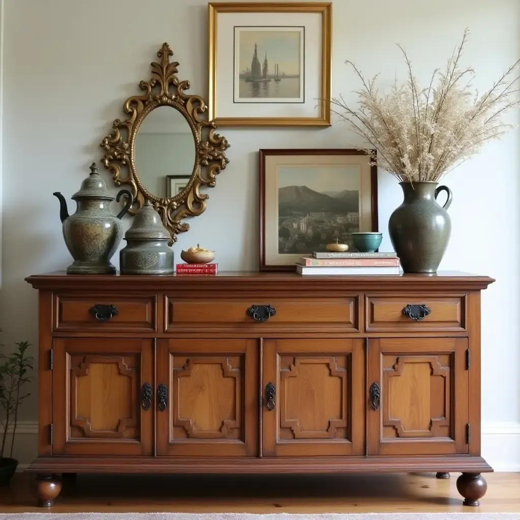 a photo of a colonial-style sideboard filled with curated decor and vintage collectibles