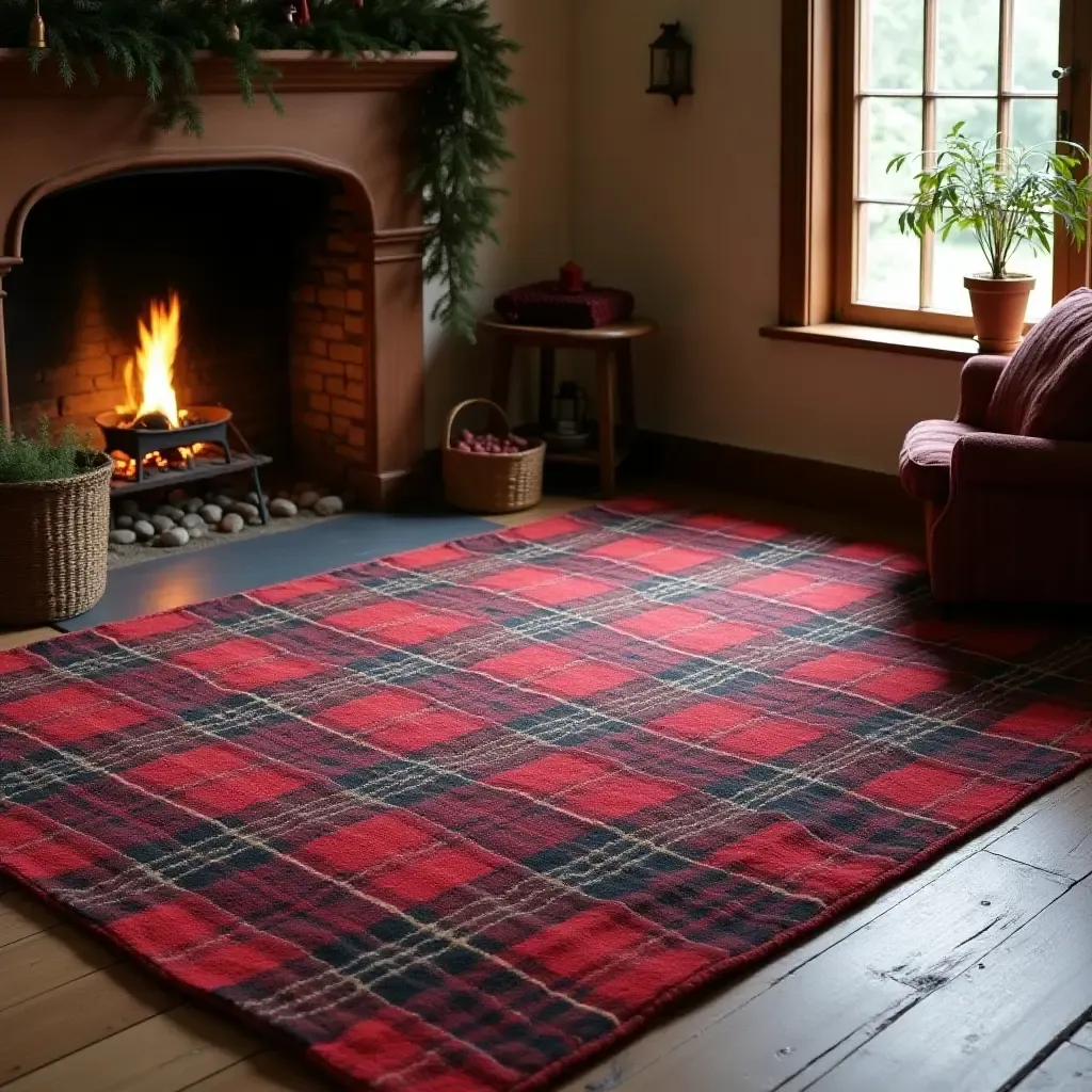 a photo of a classic tartan rug in a cozy, rustic setting