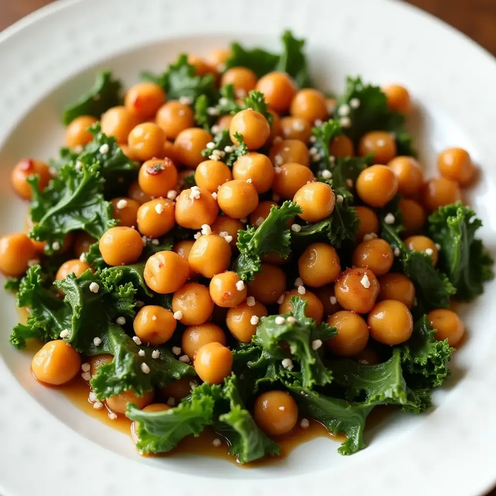 a photo of a Greek salad with roasted chickpeas, kale, and a spicy harissa dressing.