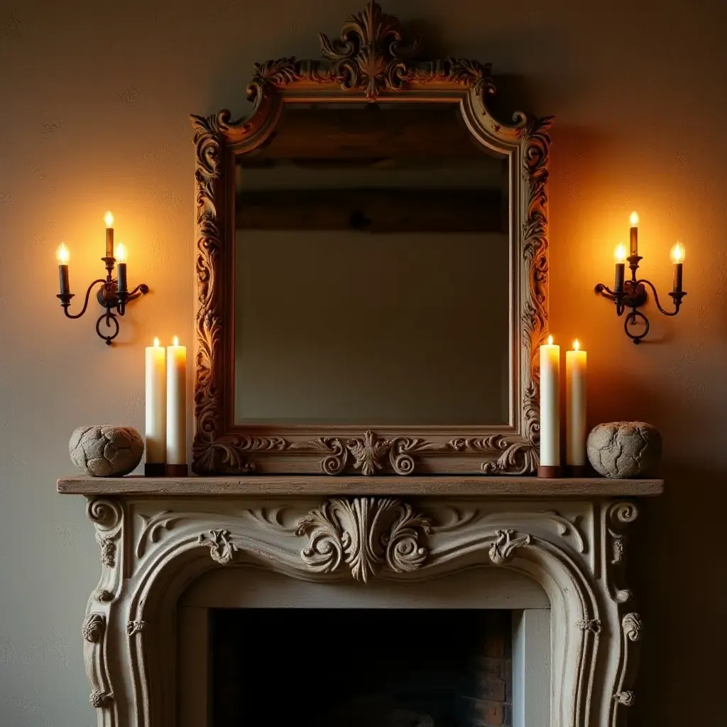 a photo of a rustic mantel with a large ornate mirror and candles