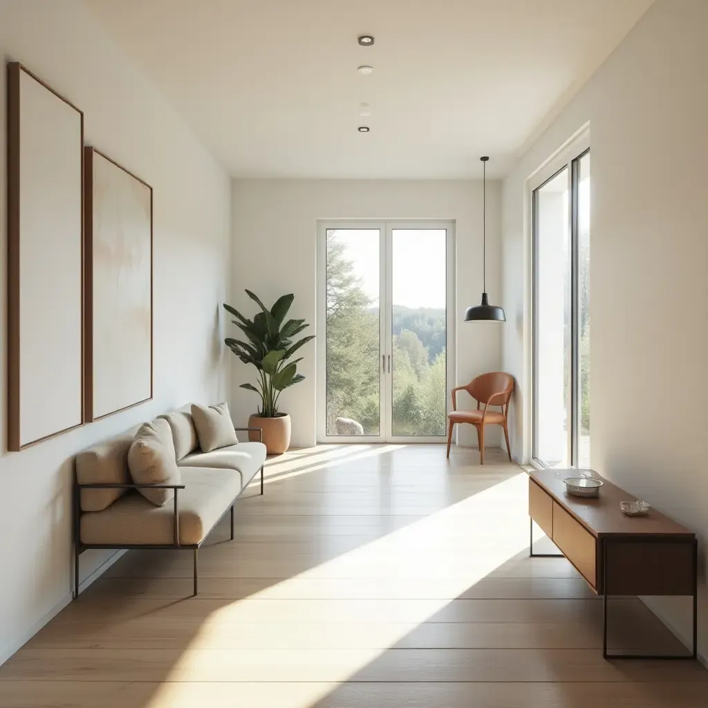 a photo of an airy hallway featuring minimalist furniture and large windows