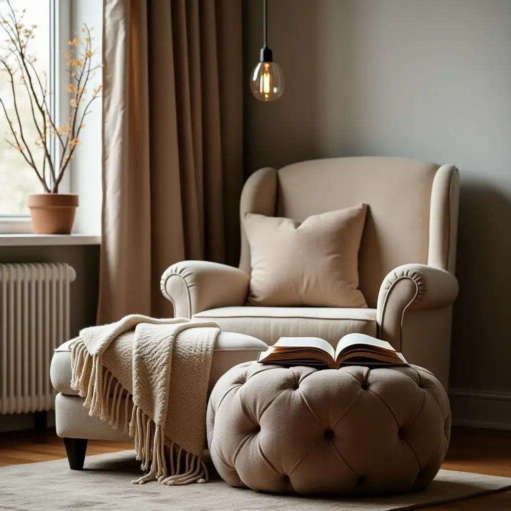 a photo of a reading nook with a plush ottoman and a warm throw blanket