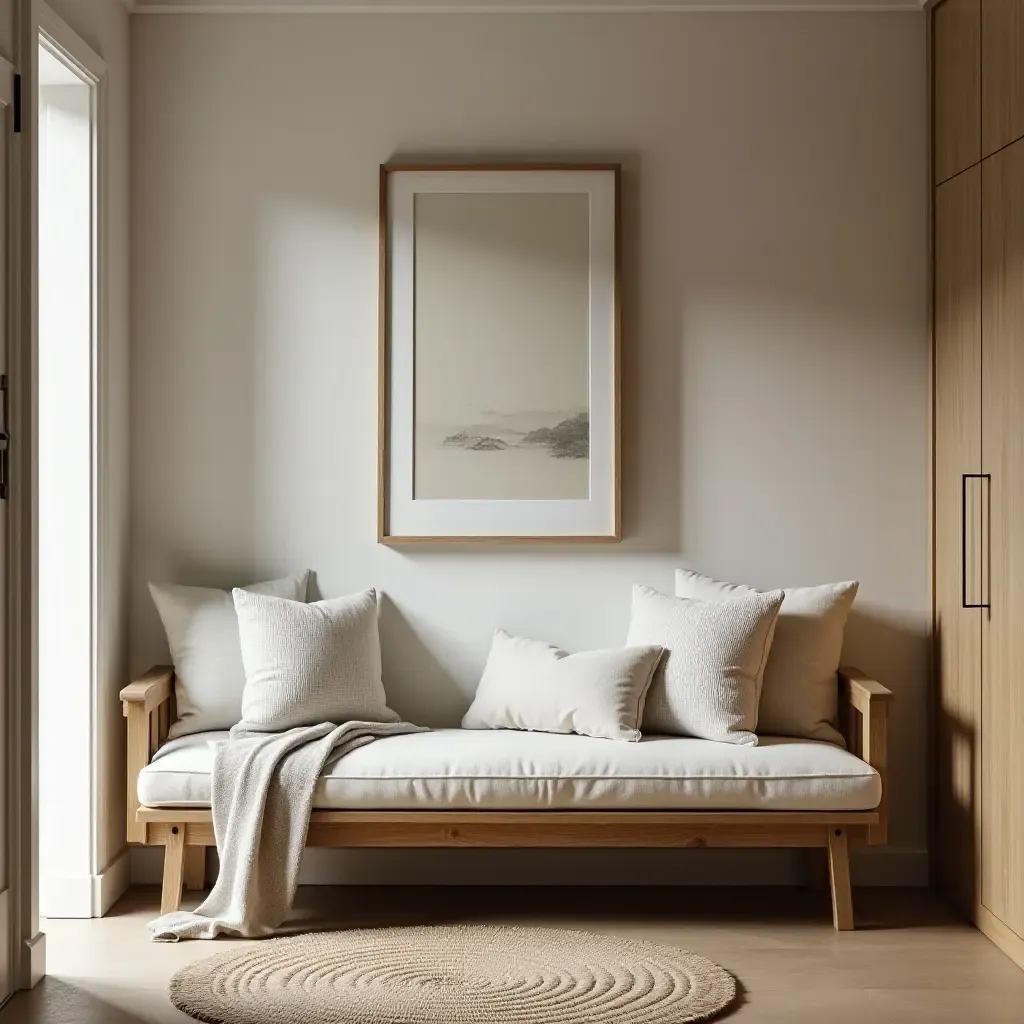 a photo of a cozy entryway with a wooden bench and soft cushions