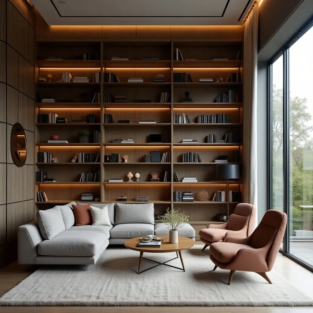 a photo of a stylish library with a mix of open and closed storage solutions