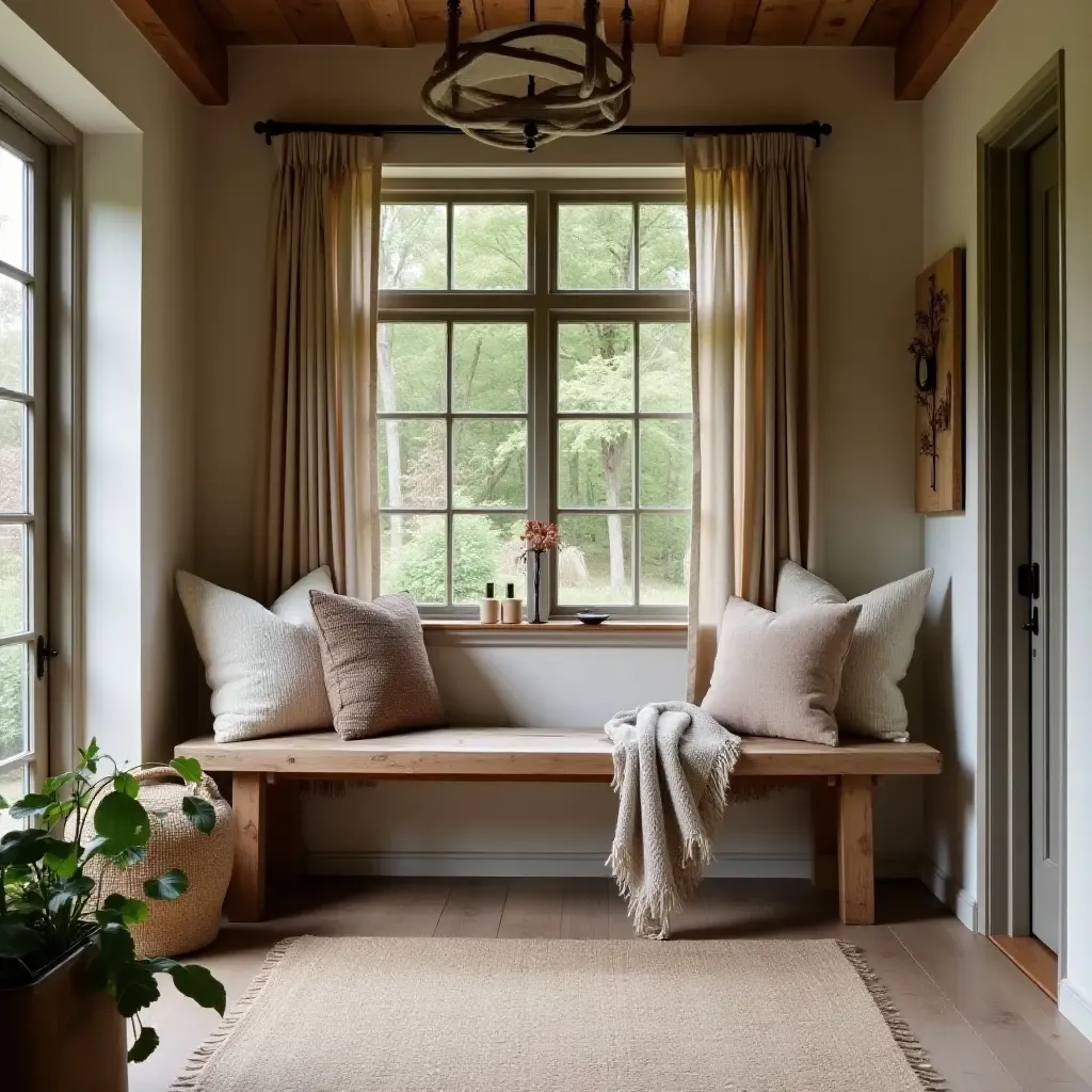 a photo of a rustic entrance area with a wooden bench and cozy throw pillows