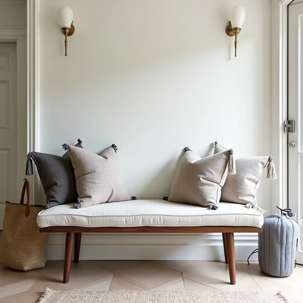 a photo of a stylish entrance hall with throw pillows arranged artfully on a bench