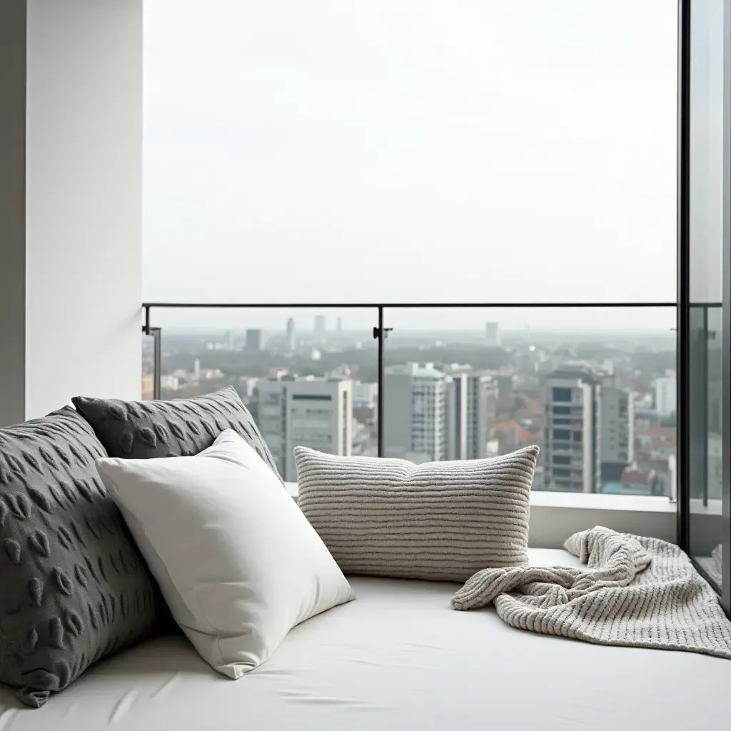 a photo of a minimalist balcony with monochrome throw pillows