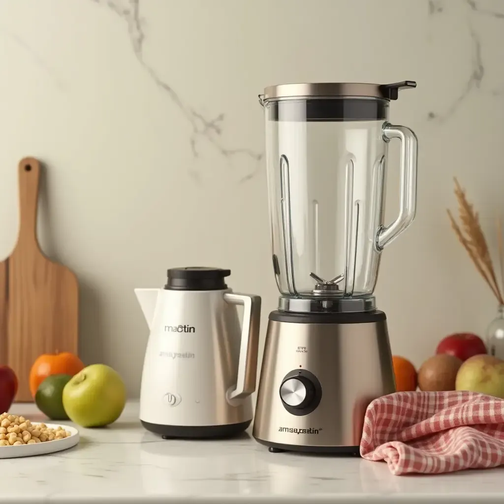 a photo of a classic blender next to contemporary kitchenware