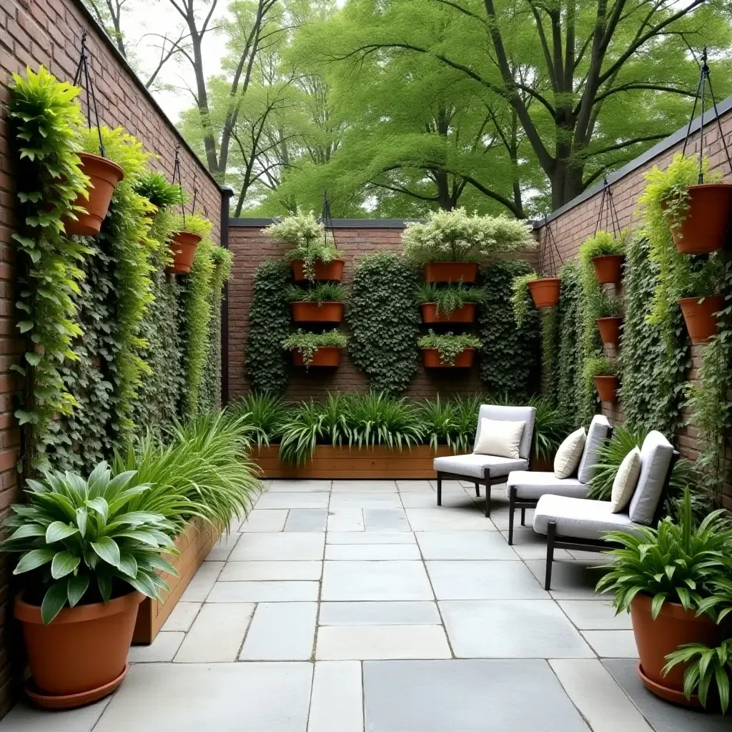 a photo of a concrete patio featuring vertical gardens and hanging planters