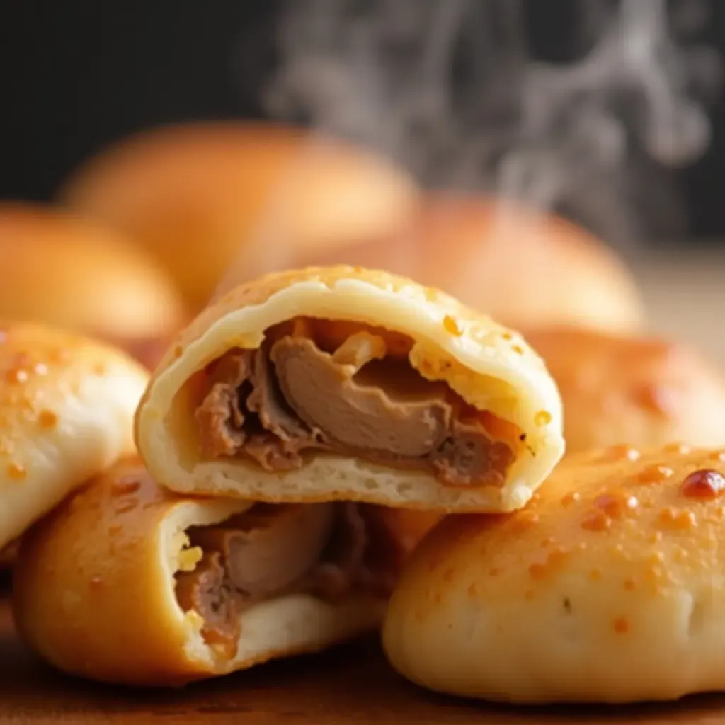 a photo of Shengjianbao, pan-fried pork buns with crispy bottoms and juicy fillings, steaming hot.