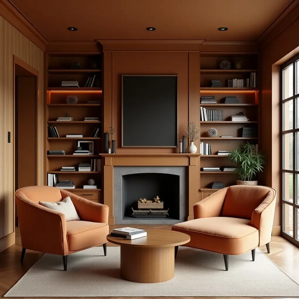 a photo of a home library with an inviting color palette of earth tones