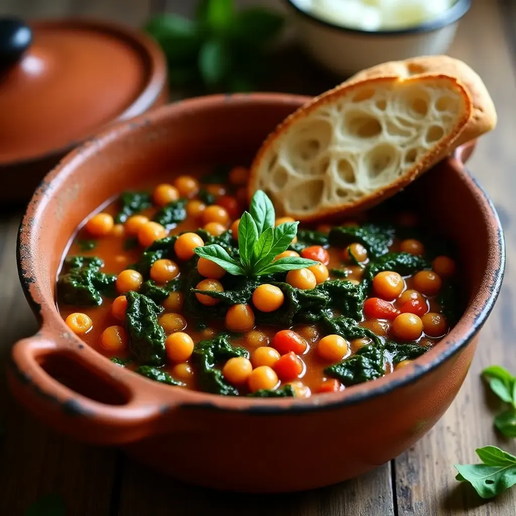 a photo of Spanish spinach and chickpea stew in a clay pot with crusty bread