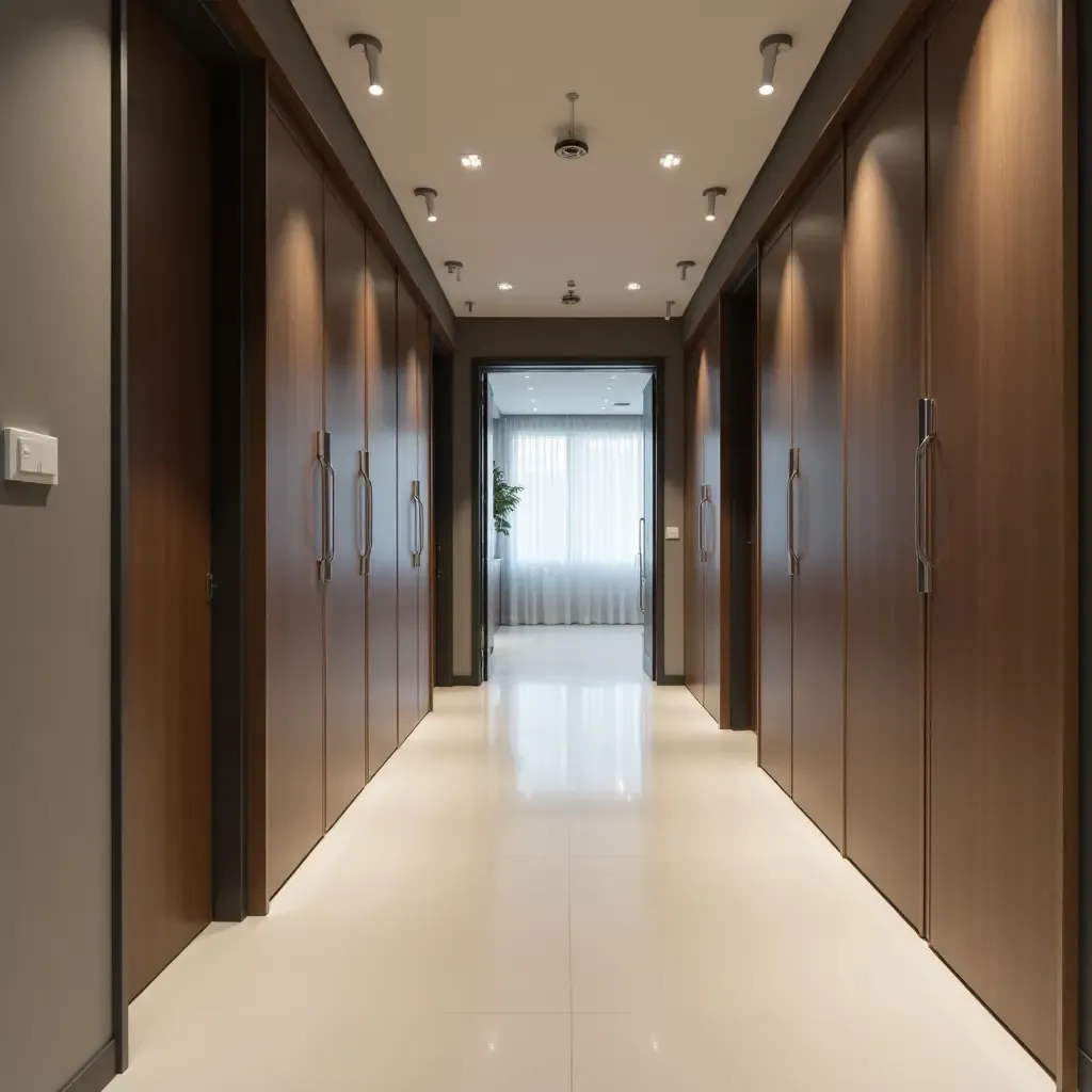 a photo of a contemporary corridor with modular storage units and LED lighting