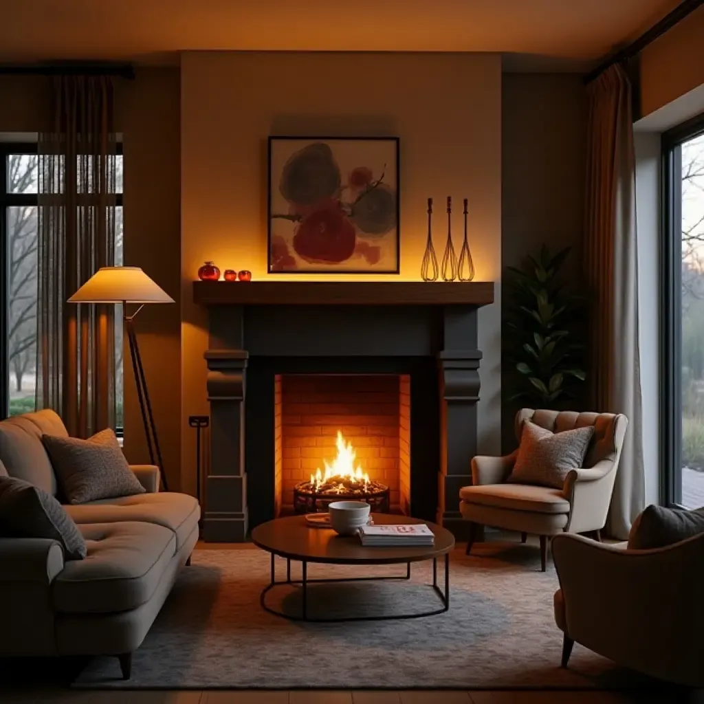 a photo of a small living room featuring a fireplace with ambient lighting