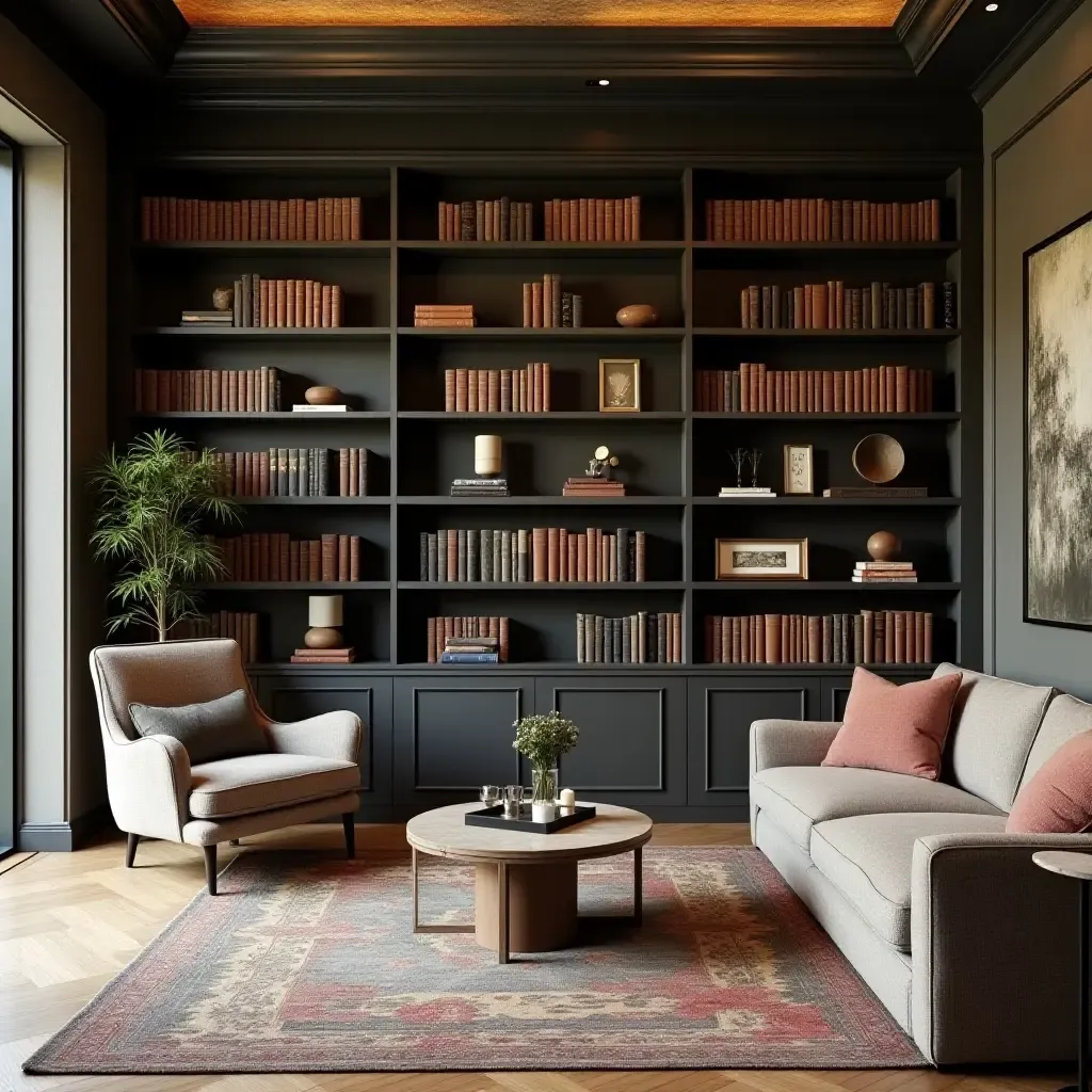 a photo of a chic library with layered textures and beautiful decorative items