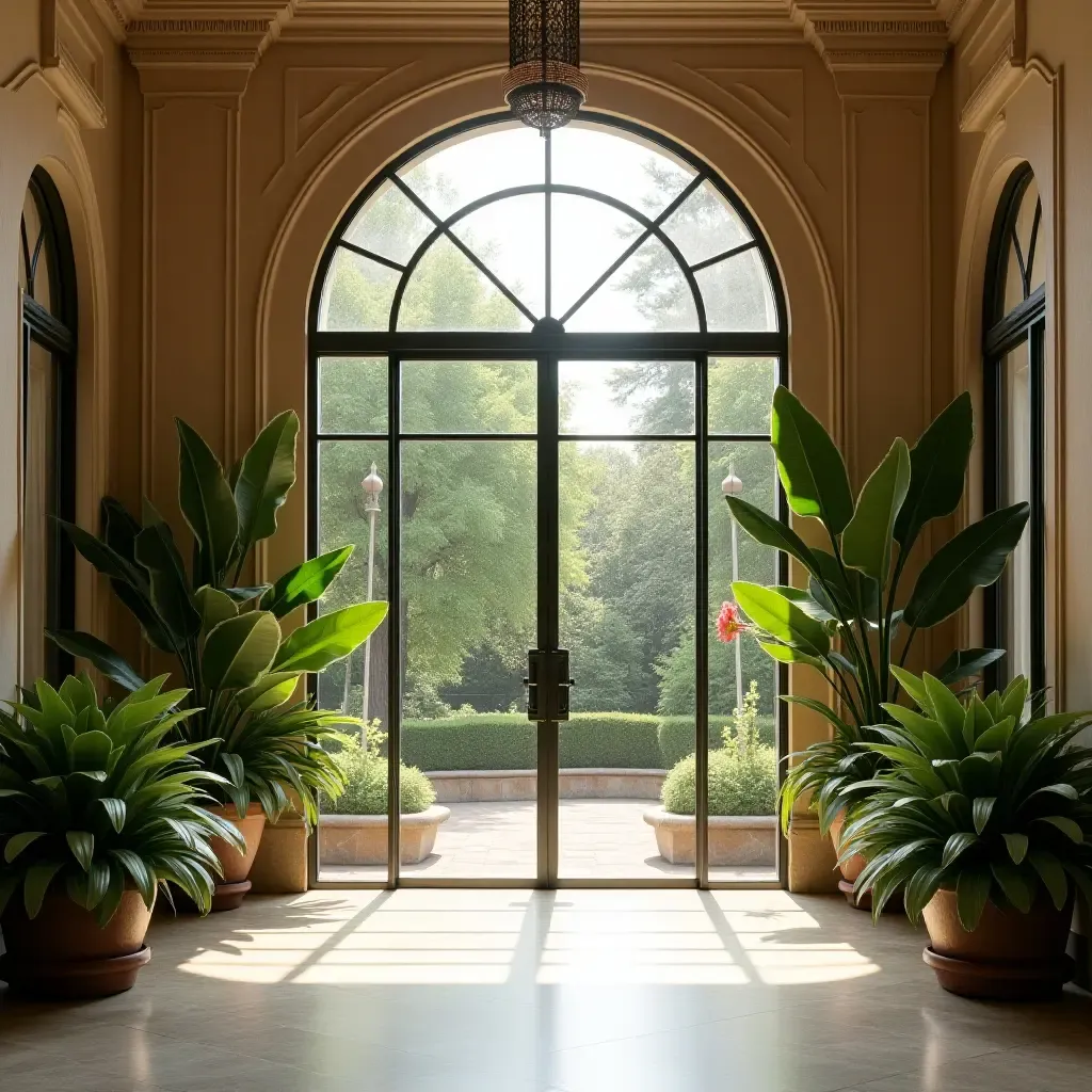 a photo of an elegant entrance hall with a large window and green foliage