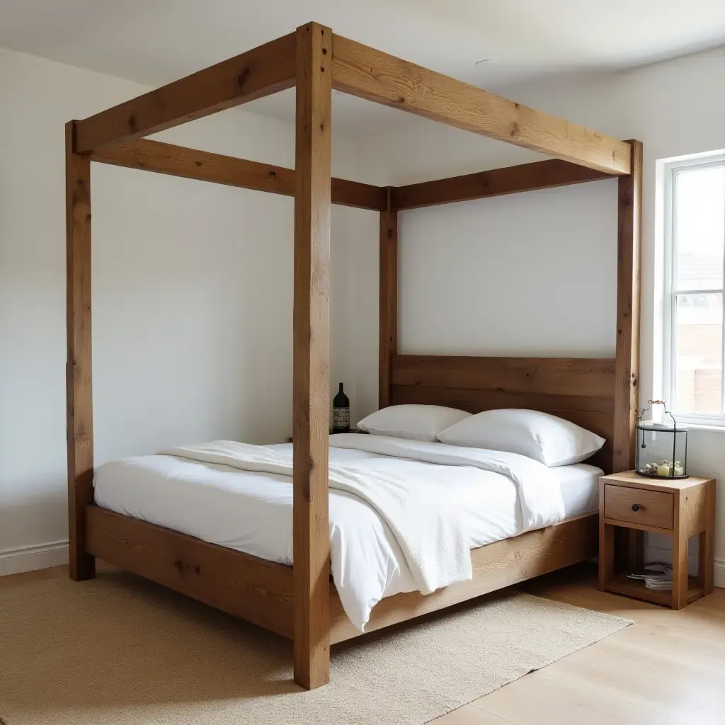 a photo of a rustic canopy bed made from reclaimed wood