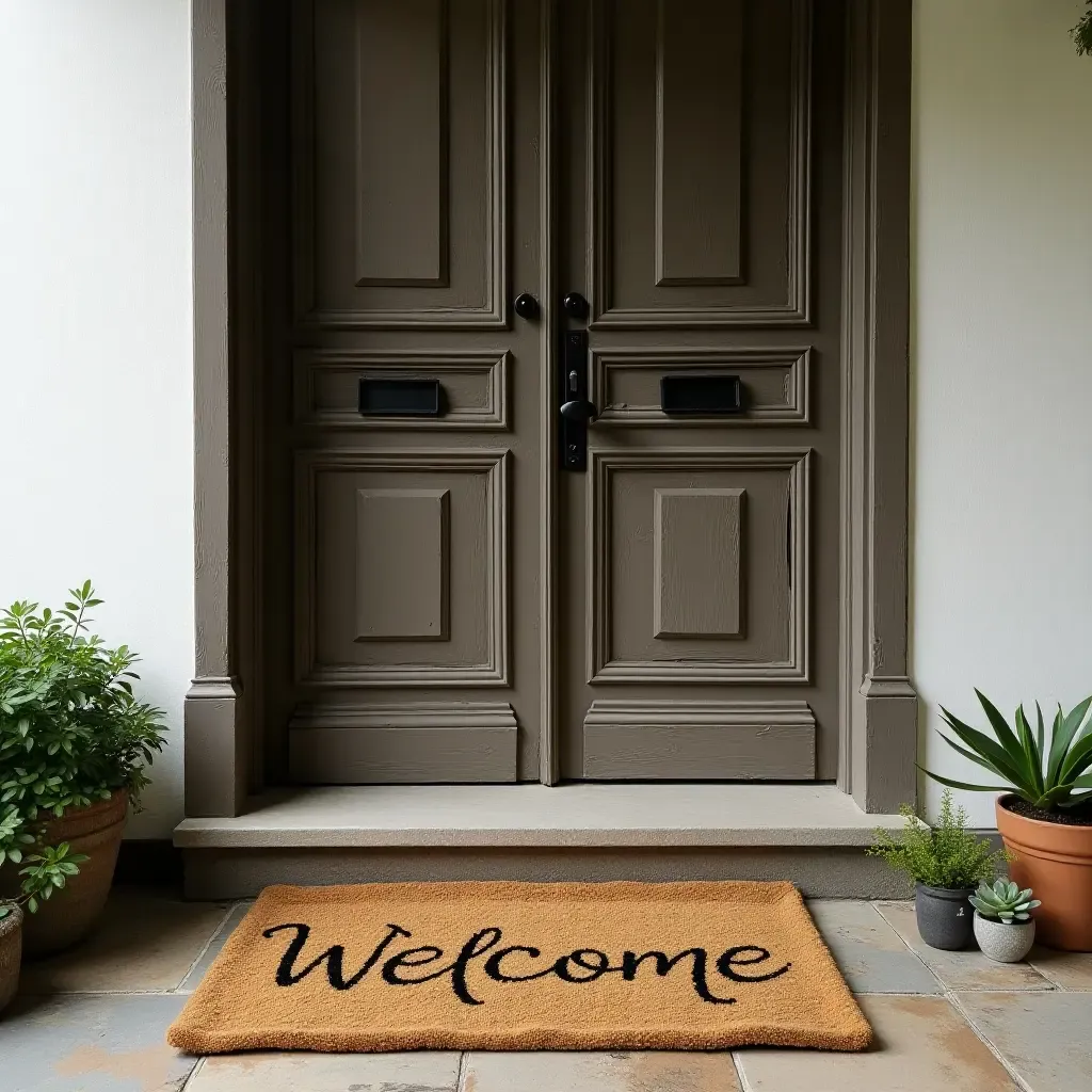 a photo of a rustic welcome mat in front of a charming old door